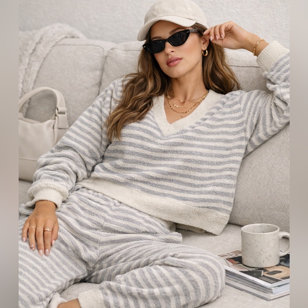 Pink Rose Gray & Cream Striped Cozy Pajama Set